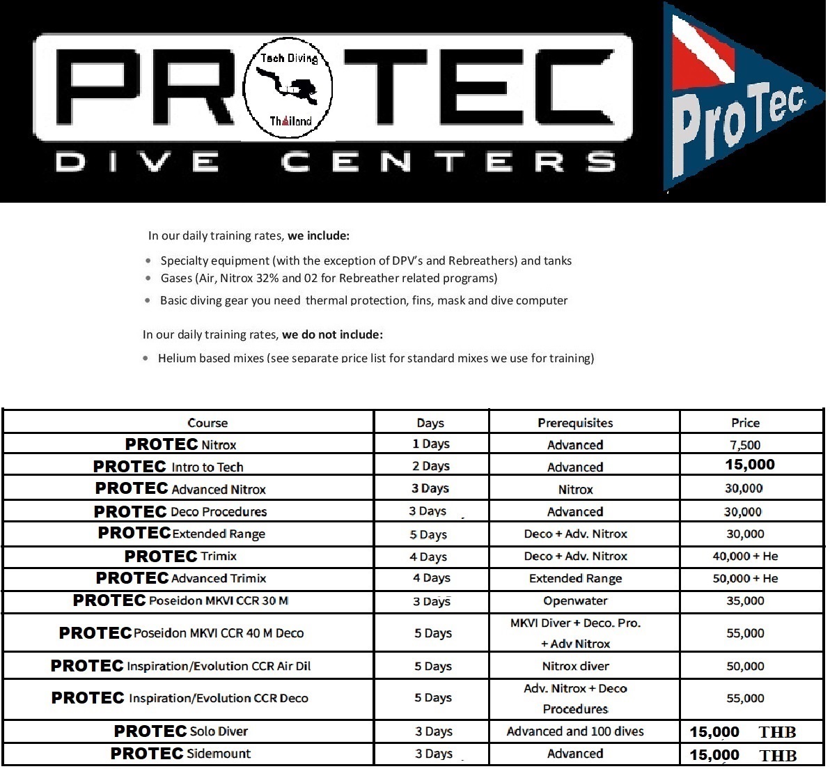 ProTec Tech Courses Pricelist THB cave diving thailand