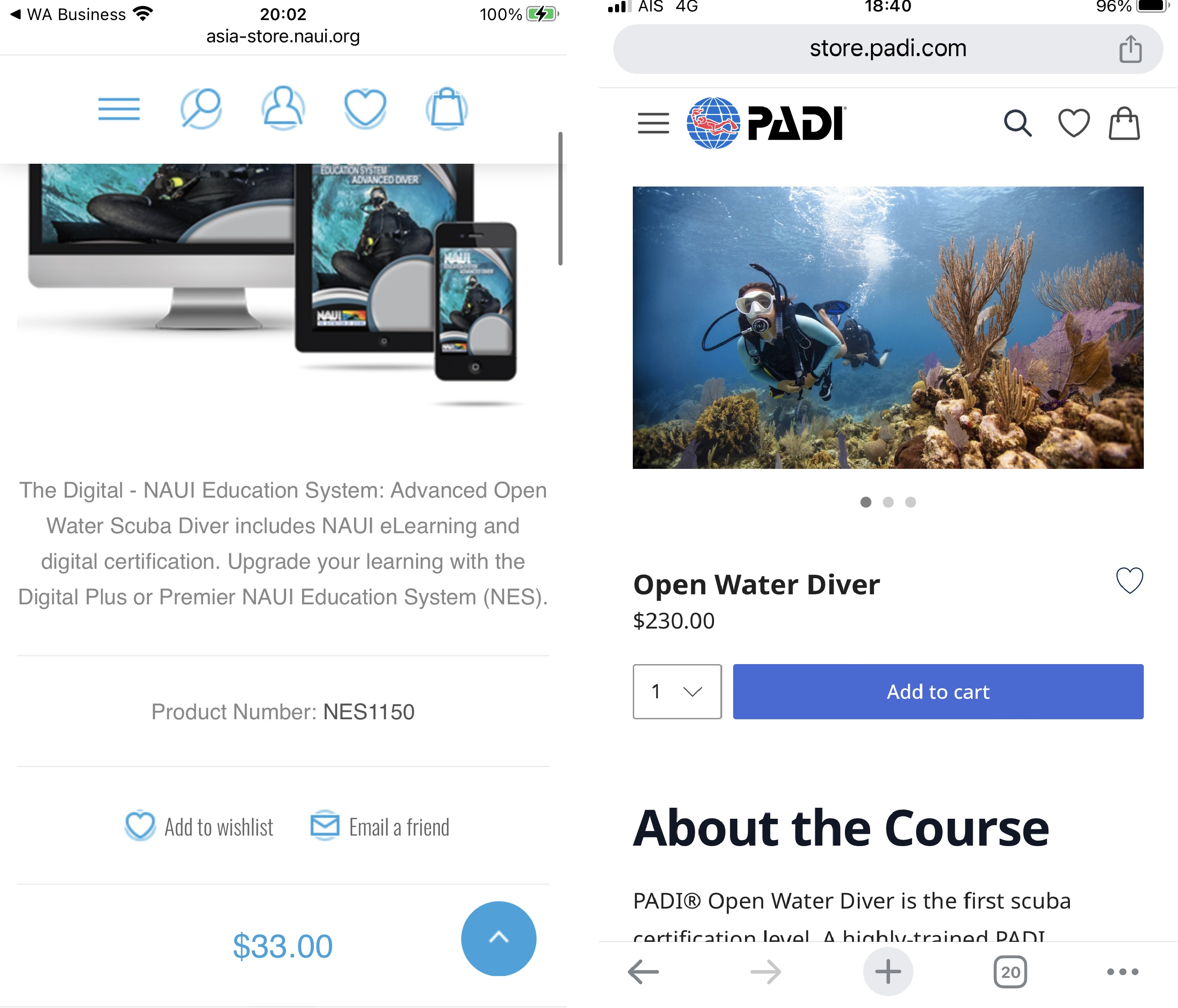 PADI or NAUI Openwater e learning prices